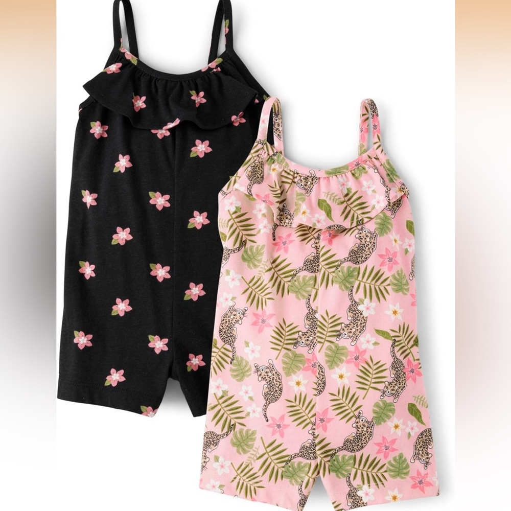 The Children’s Place 2 pack summer rompers- tropical tiger & pink floral print